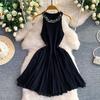 High-end daughter style light luxury bead sequined neck dress women's summer waist thin fluffy knitted skirt