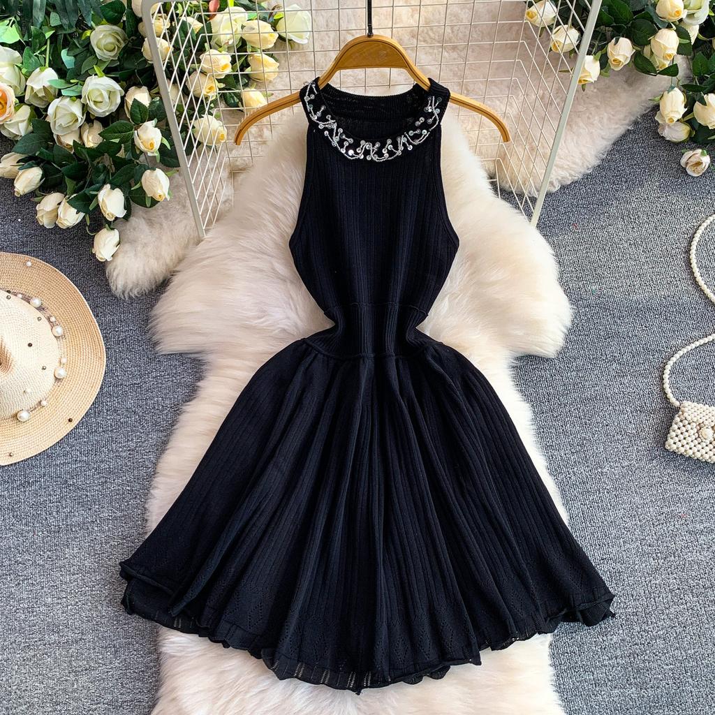 High-end daughter style light luxury bead sequined neck dress women's summer waist thin fluffy knitted skirt