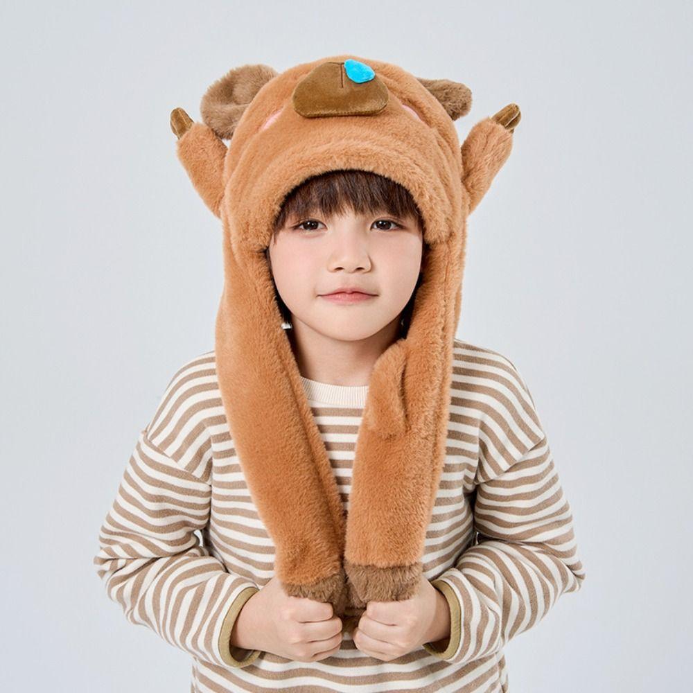 

Thickened Cute Bunny Ears Hat Soft Children s Winter Cap Capybara Fluffy Hat Christmas Decoration бежевый