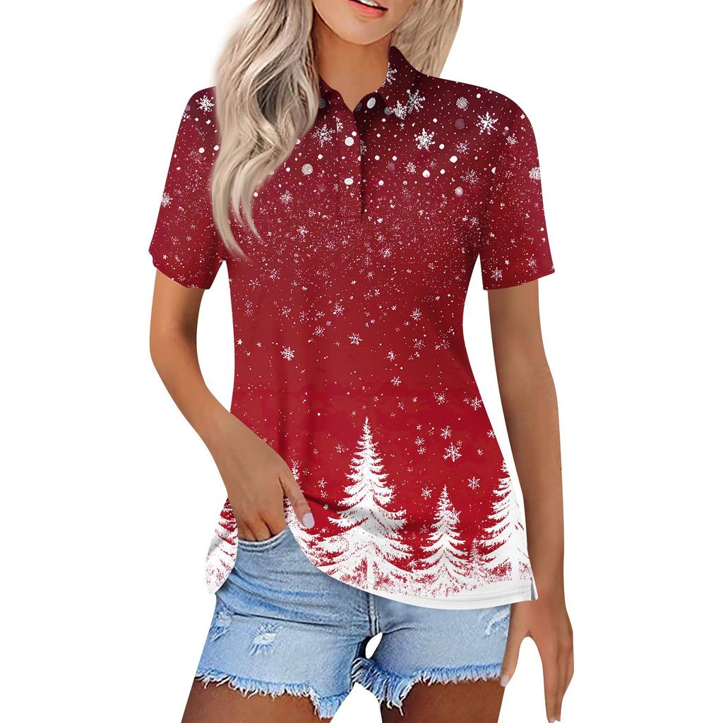 Women's Fashion Casual Lapel Short Sleeve Christmas Print Shirt Women's Button Up Tops