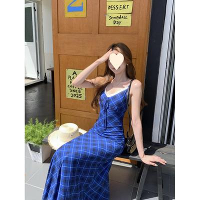 Retro Plaid Suspender Dress Summer New Fashion Spice Girl Style Design Sense Slim Dress Women