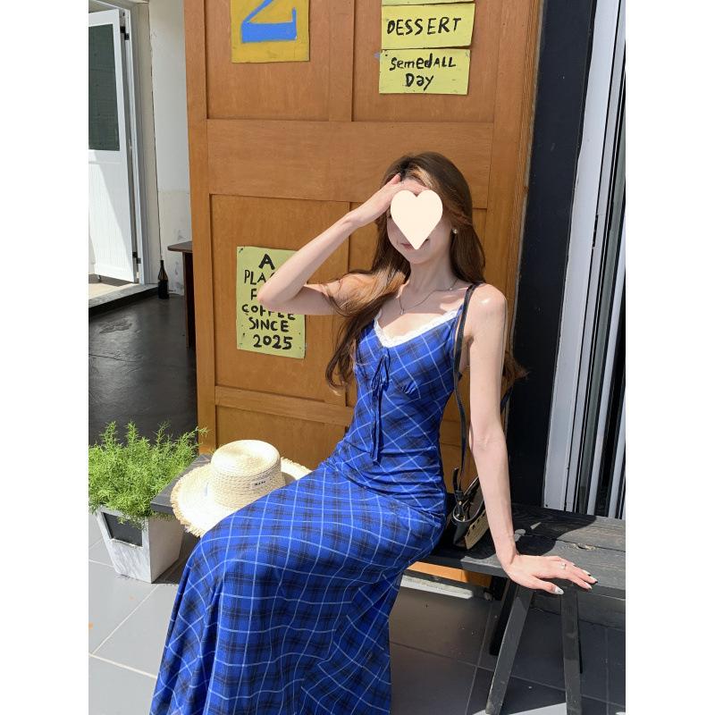 Retro plaid suspender dress summer new fashion Spice Girl style design sense slim dress women