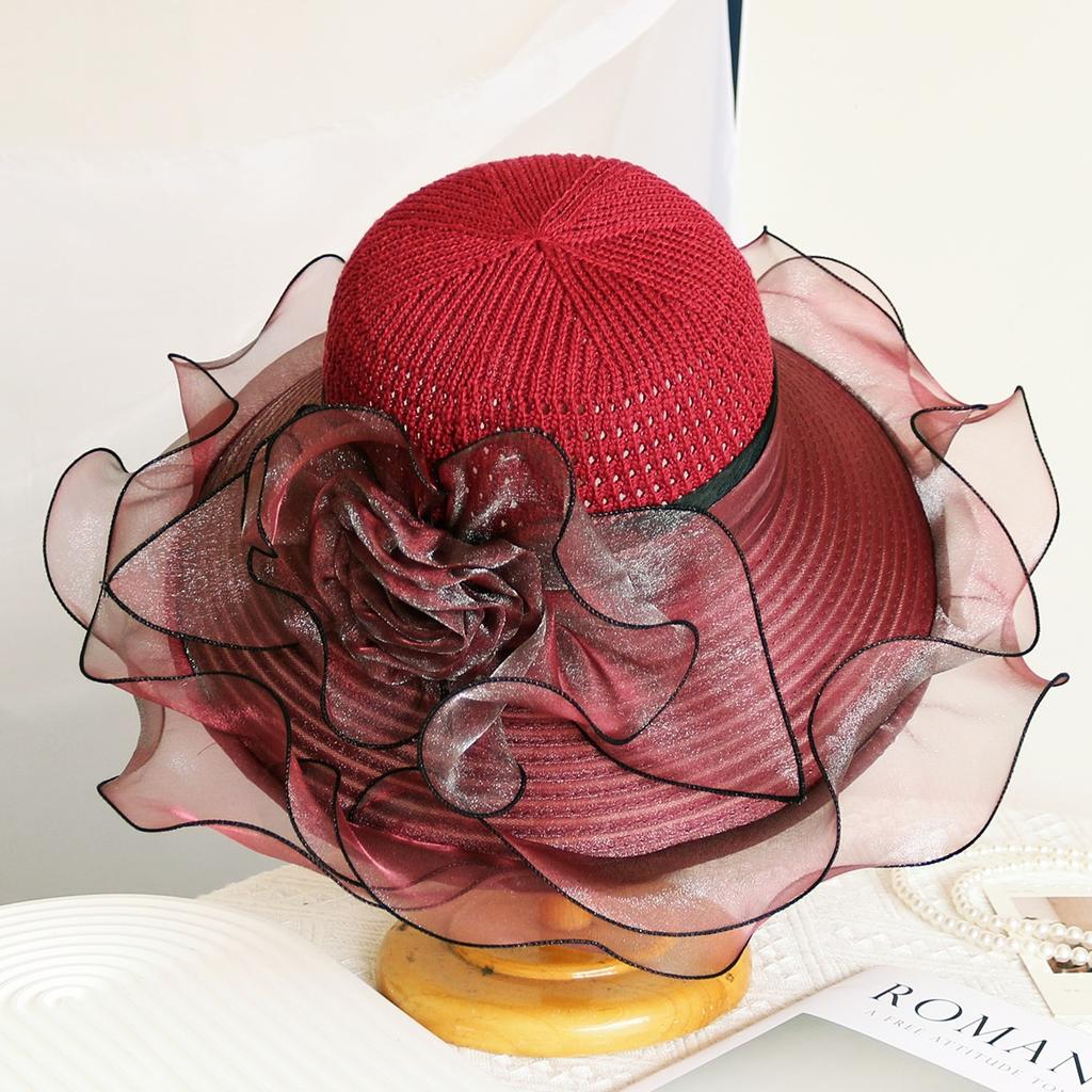 Elegant Summer Women's Sun Hat Breathable Organdy Material Foldable Design Woven Top Flower Decoration