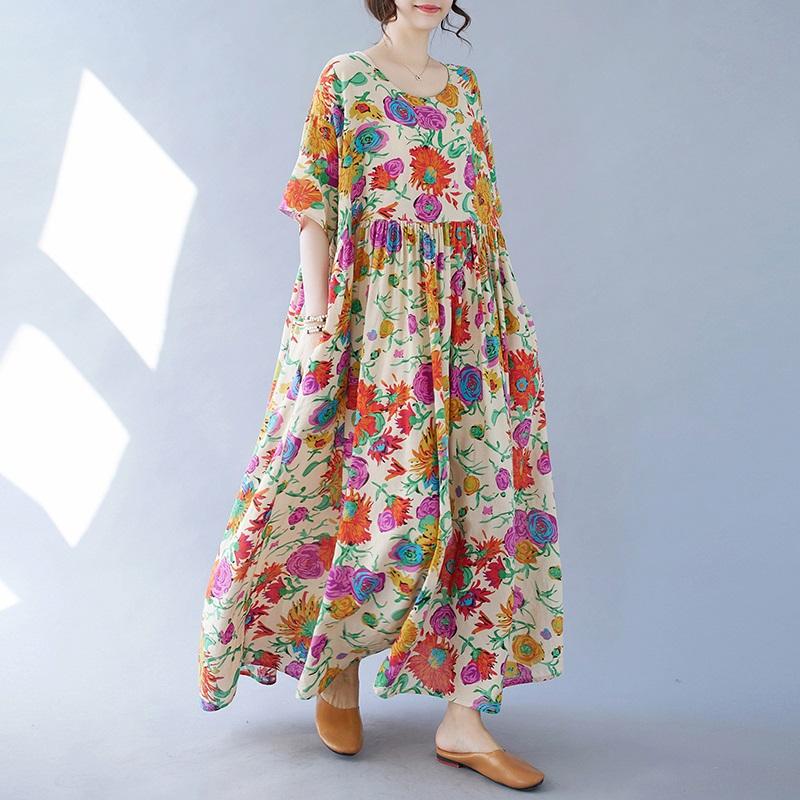 Krátký rukáv Velké bavlněné vintage květinové nové šaty pro ženy ležérní volné dlouhé letní šaty