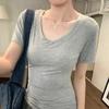 WhiteV-Neckshort Sleeve T-Shirt Women's Casual Loose-Fit Waist-Fitted Top Korean Style Polyester Fiber Summer Clothing