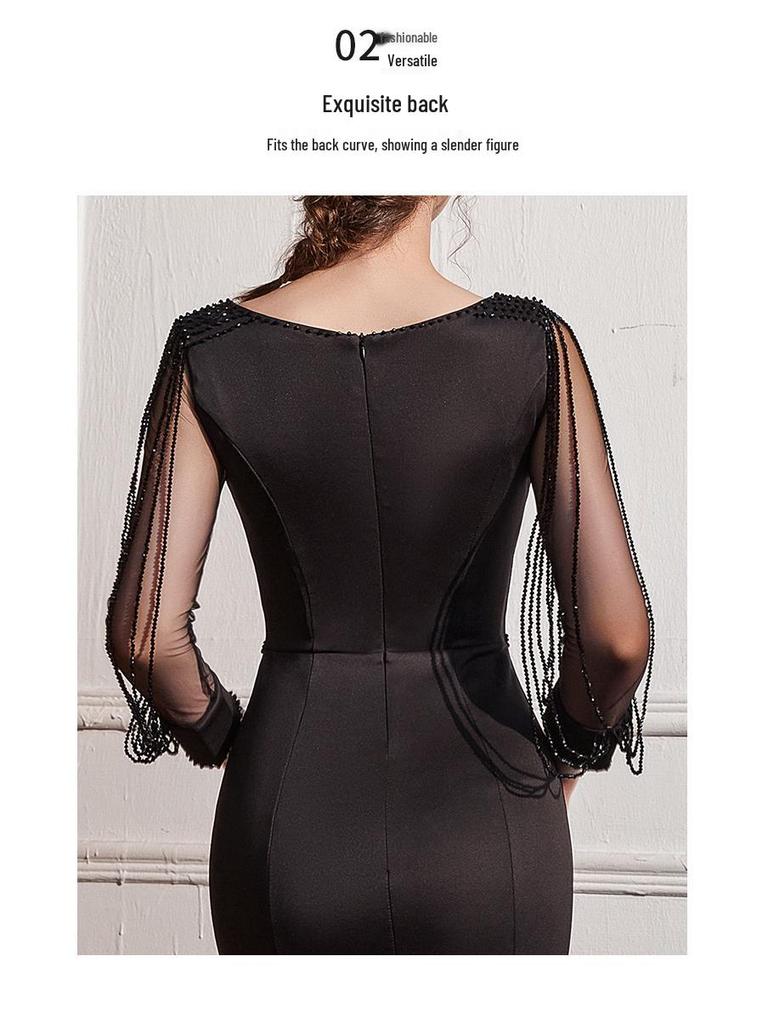 Elegant European Mesh Beaded Long Sleeve Hepburn Style Evening Party Gown
