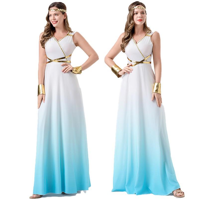 Halloween Costume Women Gradient Blue White Greek Goddess Dress Egyptian Inspired Cosplay Gown