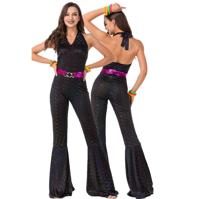 

Костюм для косплея в стиле диско 70-х, ретро, на Хэллоуин, маскарадную вечеринку, хип-хоп набор, женский, мужской BlackJumpsuit,M