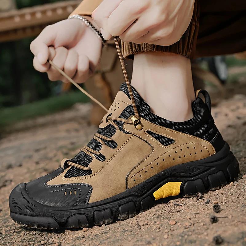 Fashion Outdoor Soft Sole Lace Anti-collision Camping Hiking Shoes Men Genuine Leather Sports Man Casual Shoes Walking Climbing Ootwear