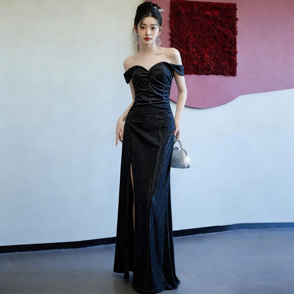 Black Elegant Long Dress Shoulder Women's New Banquet Temperament Art Test Atmosphere Performance Annual Meeting Host Dress