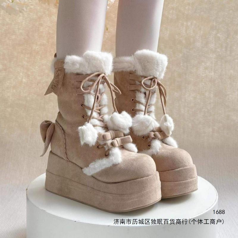 Cute Fluffy Lolita Winter Warm Fleece-Lined Platform Snow Boots Women Sweet Style Black Pink Blue