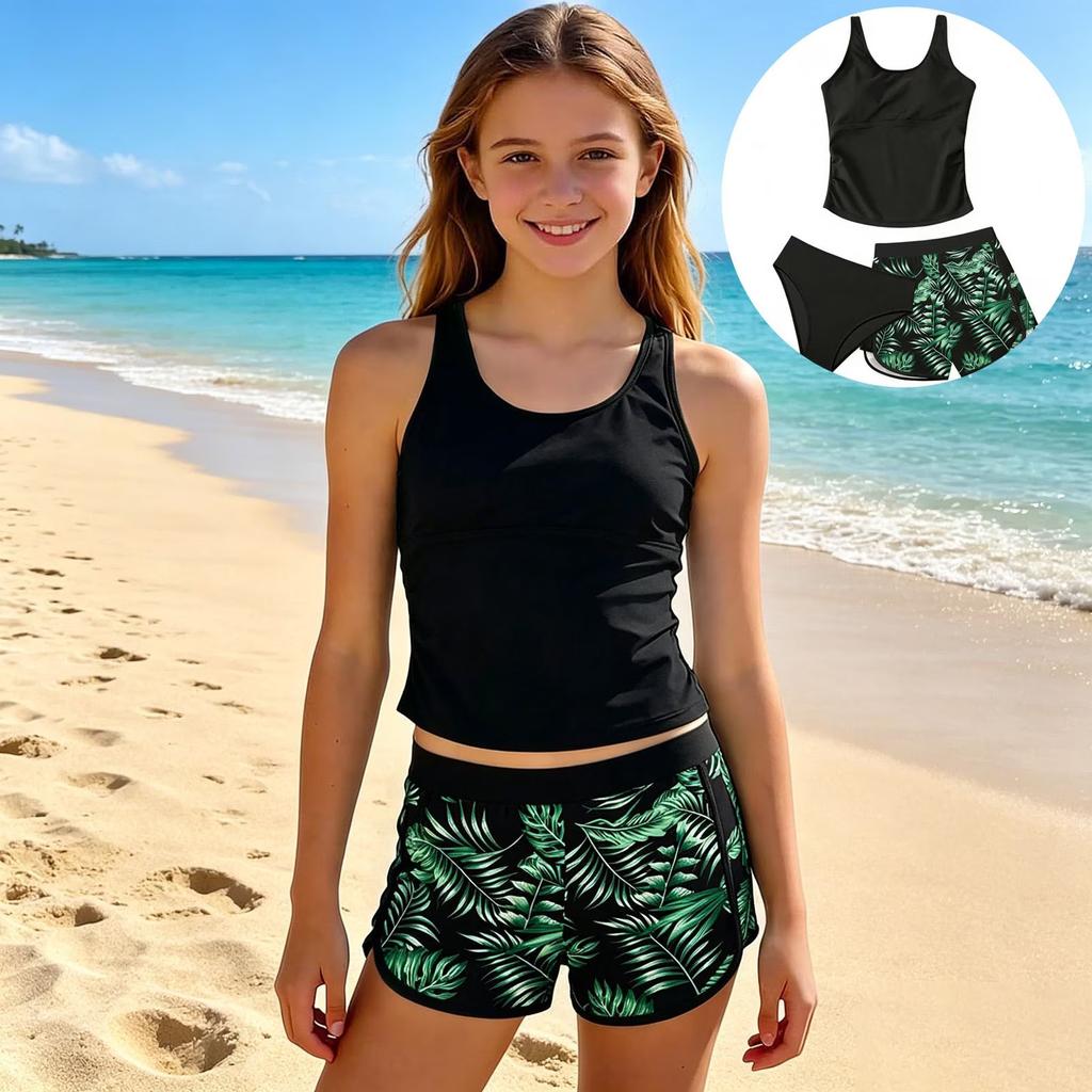 Girls Two Piece Swimsuit Tankini Top and Floral Print Swim Shorts Set Lightweight Quick Dry Fabric Comfortable Fit