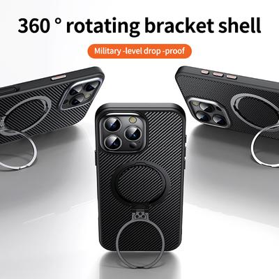 For iPhone 16 Pro Max Magnetic Case Carbon Fiber Texture PC+TPU Phone Cover Rotatable Kickstand