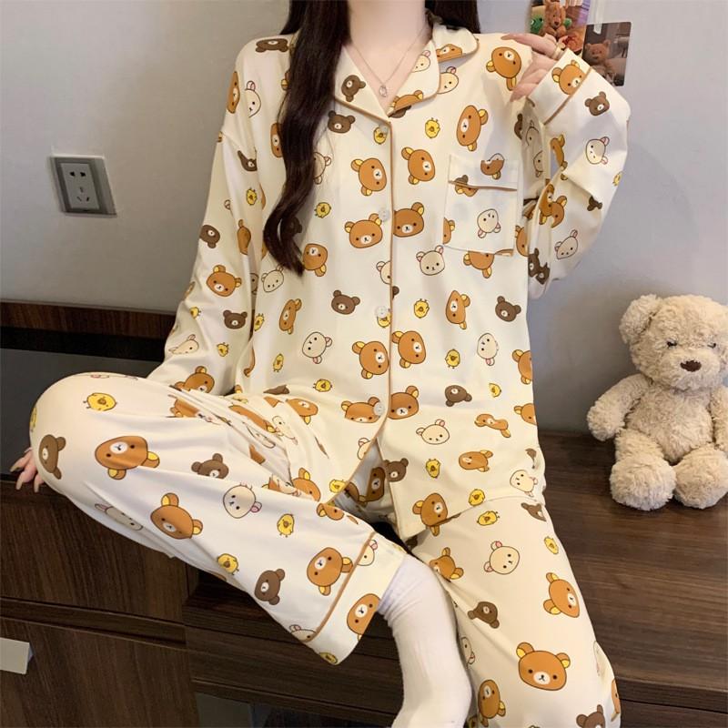 Womens Cute Cartoon Pajamas Set Long Sleeve Loose Loungewear Students Home Wear