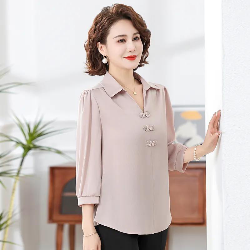 Women's Chinese Style Blouse Lapel Collar 3/4 Sleeve Loose Fit Casual Top with Frog Buttons