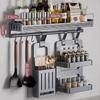 2-Tier Wall-Mounted Carbon Steel Kitchen Storage Rack with Spice & Knife Holder