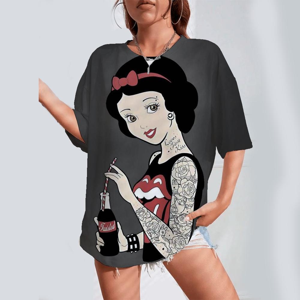 2025 Cartoon Printed Women's T-shirt Disney Princess Printed Summer Short sleeved T-shirt Harajuku Casual Round Neck Top