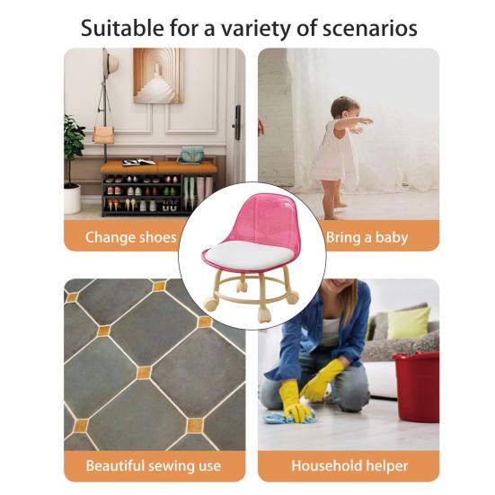 Acrylic Low Stool with 360 Degrees Swivel Wheels Faux Leather Cushion Roller Seat with Backrest Heavy Duty Rotating Mini Chair Seating Stool