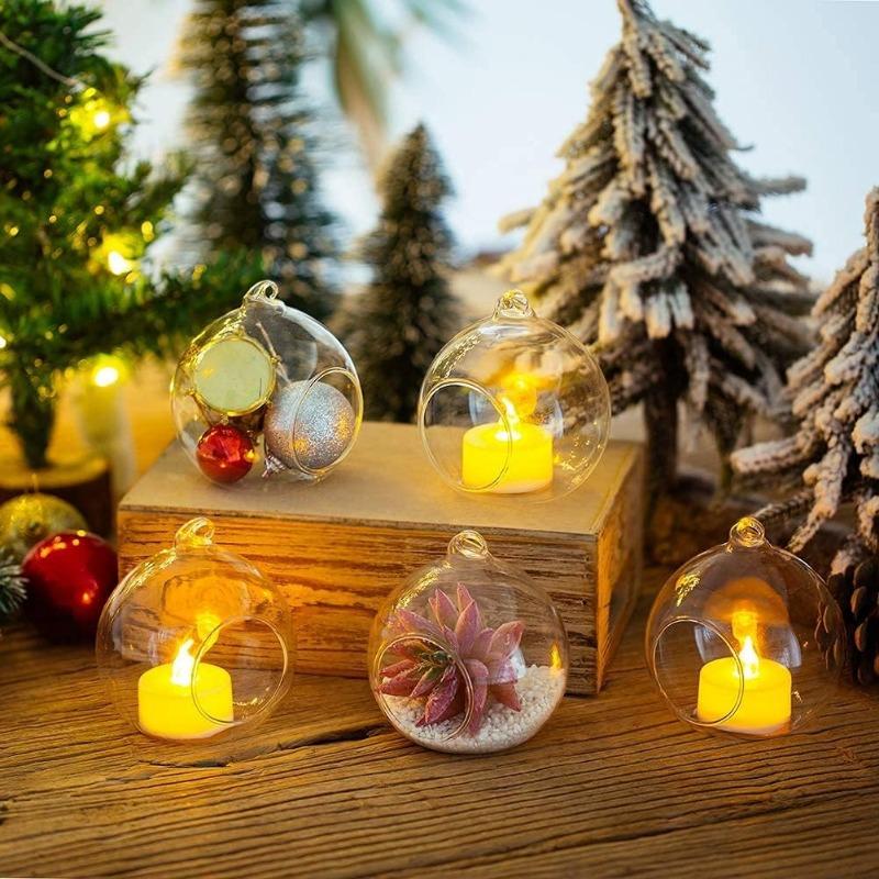 Round Hollow Glass Hanging Stand Candle Holder with LED Candle 6/8cm Candle Candlestick for Wedding Party Tree Garden Decoration