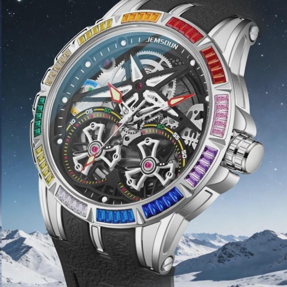 Men Luxury Rainbow Zircon Bezel Skeleton Quartz Watch Luminous Hands Waterproof Silicone Strap Hip Hop Sport Wristwatch Male Gift Clock
