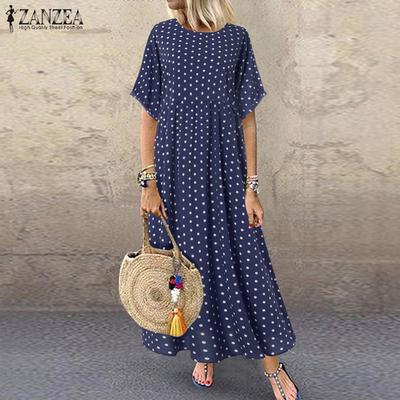Women Round Neck Polka Dot Print Short Sleeve Summer Dress