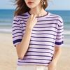 Tricou cu mânecă scurtă pentru femei, vară, cu dungi colorate, guler rotund scobit, cămașă tricotată lejeră și versatilă pentru femei