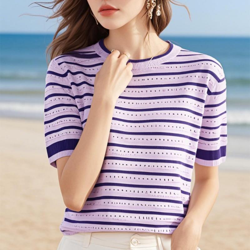 Kurzärmiges T-Shirt für Damen im Sommer mit Color-Blocking-Streifen, ausgehalsenem Rundhalsausschnitt, lockerem und vielseitigem Strickshirt für Damen