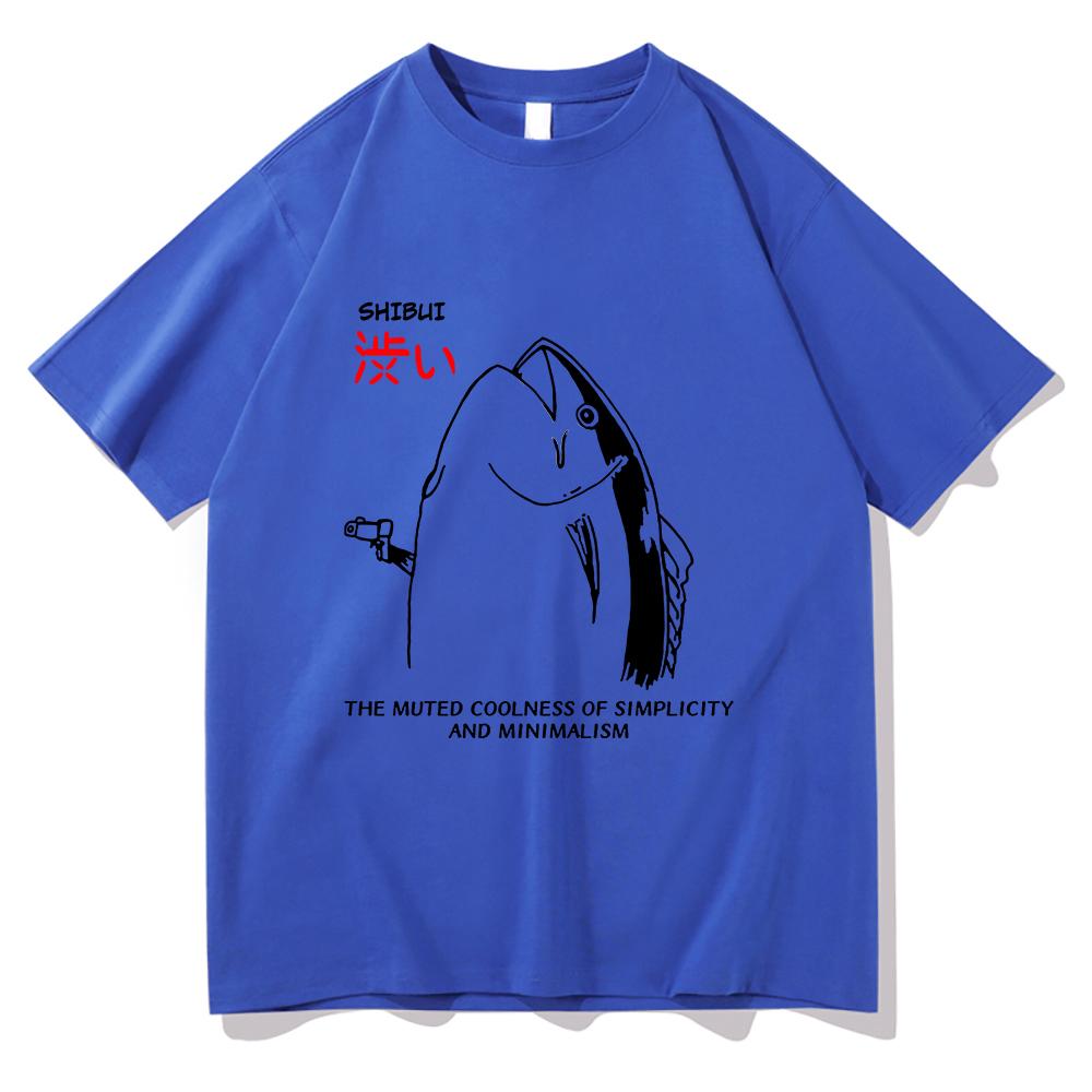 Harajuku Style Lovely Autumn All-purpose Top Fun Japanese Fish and Gun Design T-shirt Couples Unisex Cotton Design T-shirt