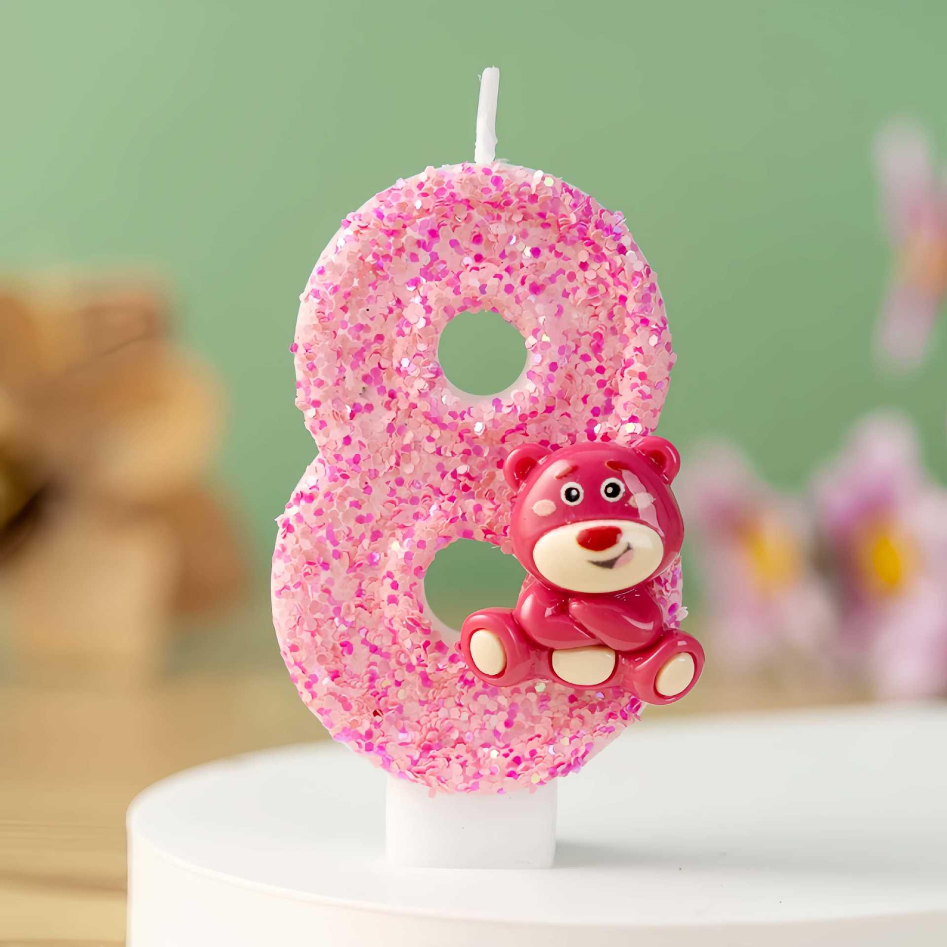 Cartoon Pink Bear Birthday Number Candles Cake Decoration