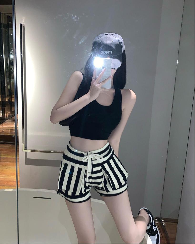 High-Waisted Striped Women's Summer Shorts - Elastic Waist, Loose Wide-Leg, A-Line Style, Slimming Sports Look