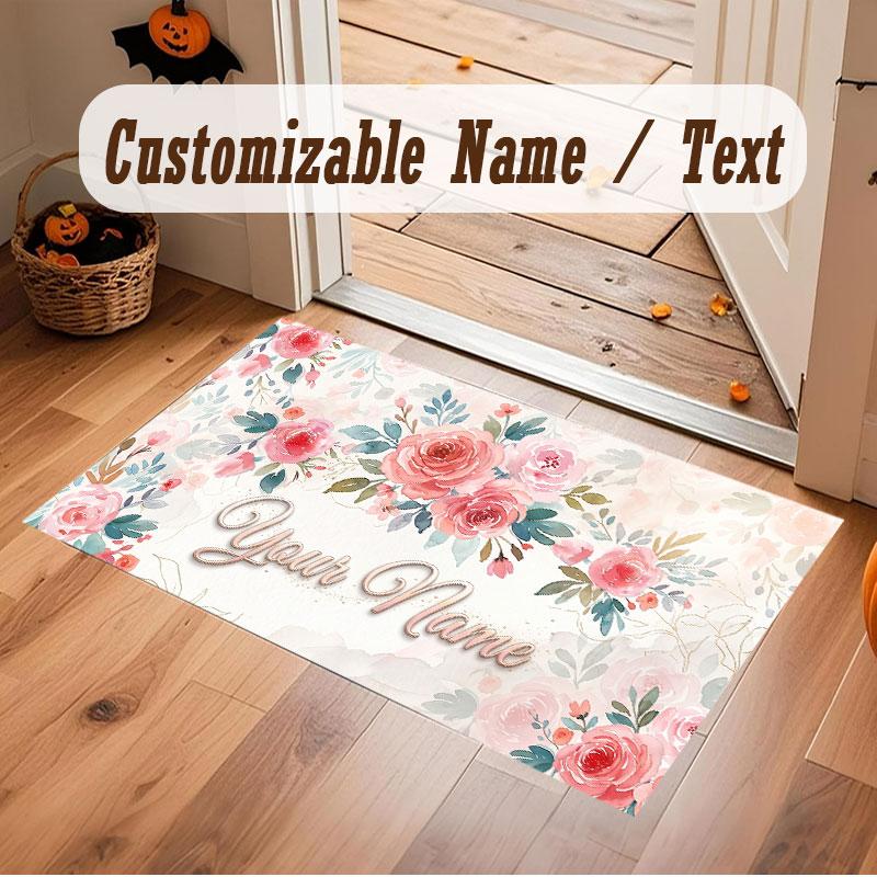 Floral Garden Theme Crystal Velvet Floor Rug Personalized Custom Name Text Warm Carpet Home Decoration