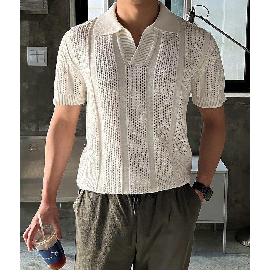 Men S Knitted Polo Shirt Short Sleeve Hollow Out Ice Silk Summer Old Money Style M