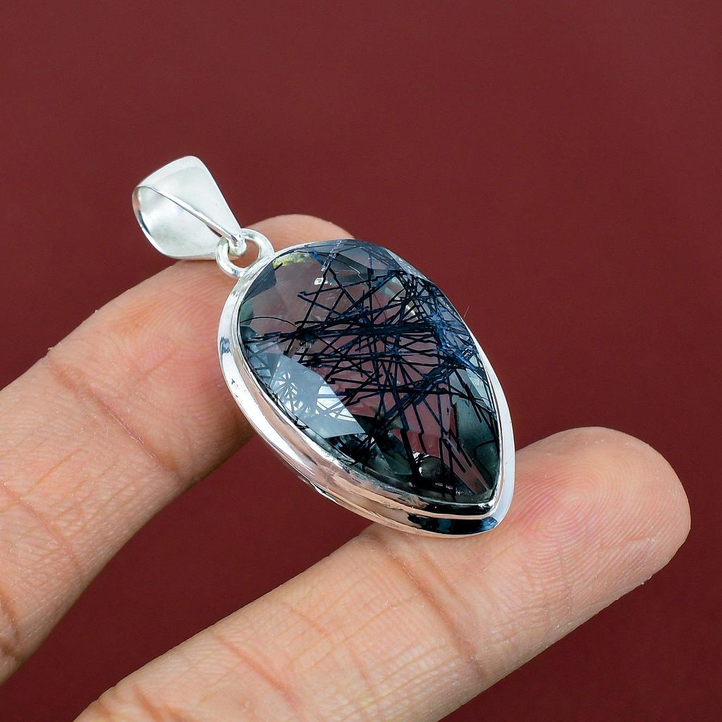 Faceted Black Rutile Pendant Natural Gemstone Pendant Amazing Jewelry 925 Sterling Silver Pendant Handmade Birthstone Pendant Gifts for Wife