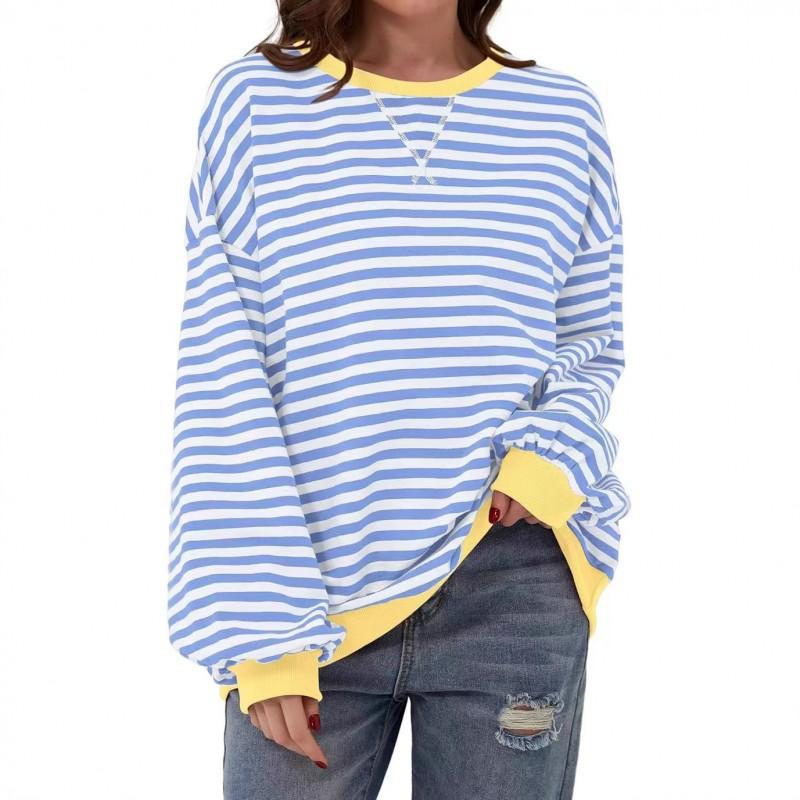 Womens Striped Oversized Long Sleeve Crewneck Sweatshirt Casual College Style Pullover