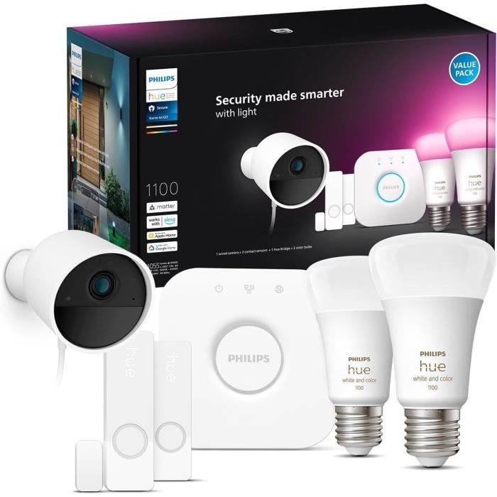 Kit de démarrage - Philips Hue - Secure - Inclus : 1 caméra filaire + 2 capteurs de contact + 2 ampoules connectées + 1 pont