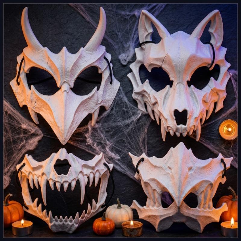 Animal Skull Half Face Mask Halloween Cosplay Dragon Tiger Tengu Bird Demon Mask Vintage Plastic Masquerade Party Costume Prop