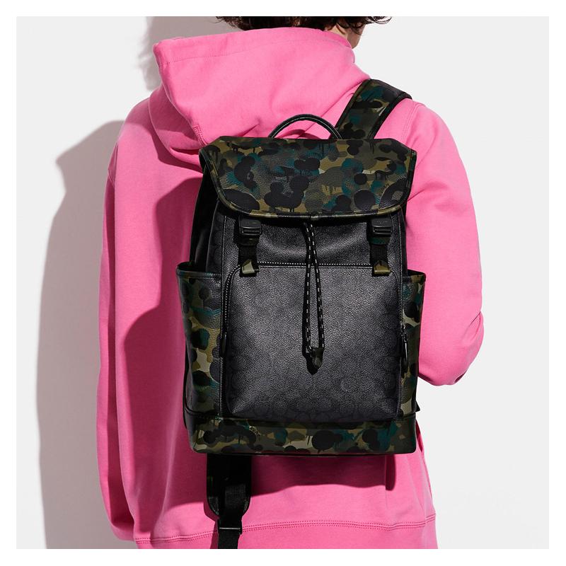 COACH backpack Flap 27 Printed flap drawstring Coated canvas with soft pebbled leather School bag Men's Black presbyopia and camouflage