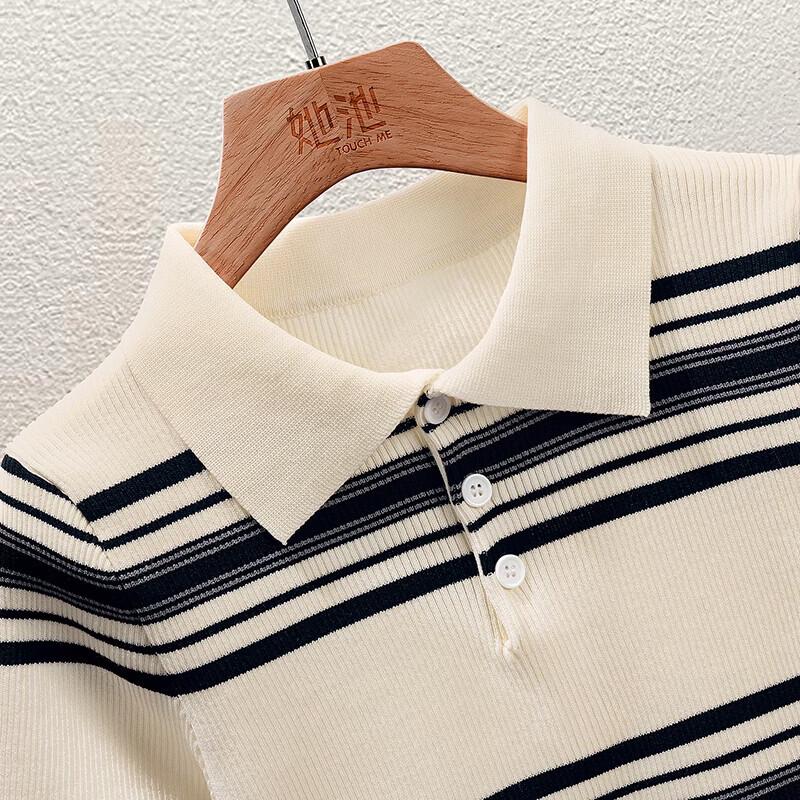 Her Pool Women's Striped Ice Silk Knit Polo T-Shirt
