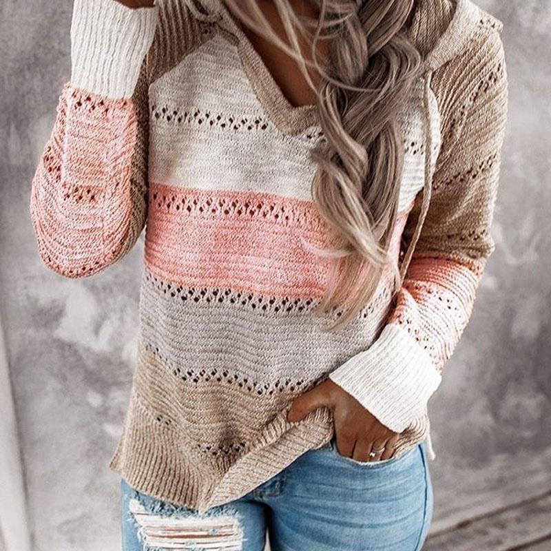 Herbst Winter Patchwork Kapuzenpullover für Damen Langarm V-Ausschnitt Slim Pullover Tops Jumper Übergröße Weibliche Strickpullover