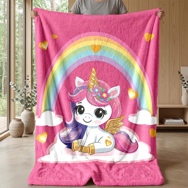 Cute Unicorn Rainbow Blanket Personalized Name Flannel Blanket Soft Cozy Plush Throw for Sofa Bed Lightweight Home Decor