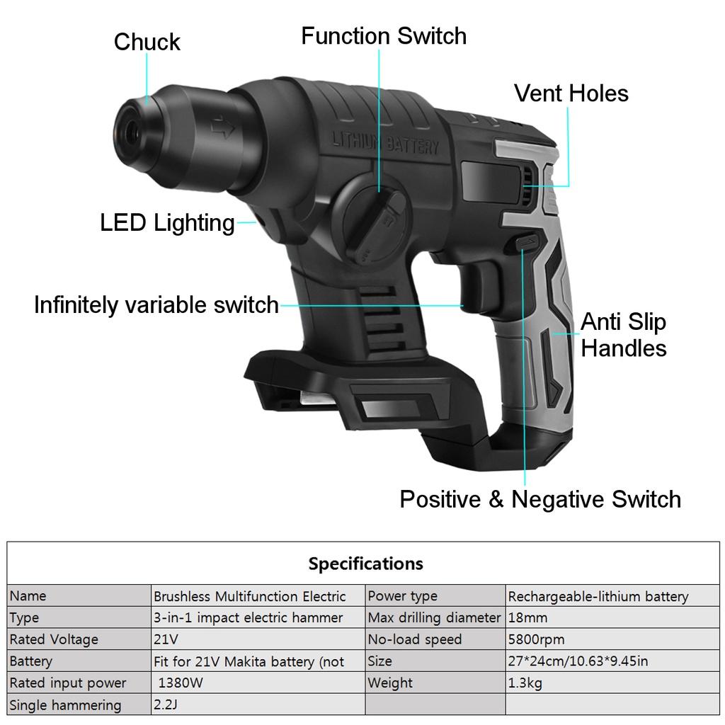 10000bpm 21V Drill Impact Electric Hammer Rechargeable Brushless Cordless Rotary Hammer Impact Drill for 21V Battery