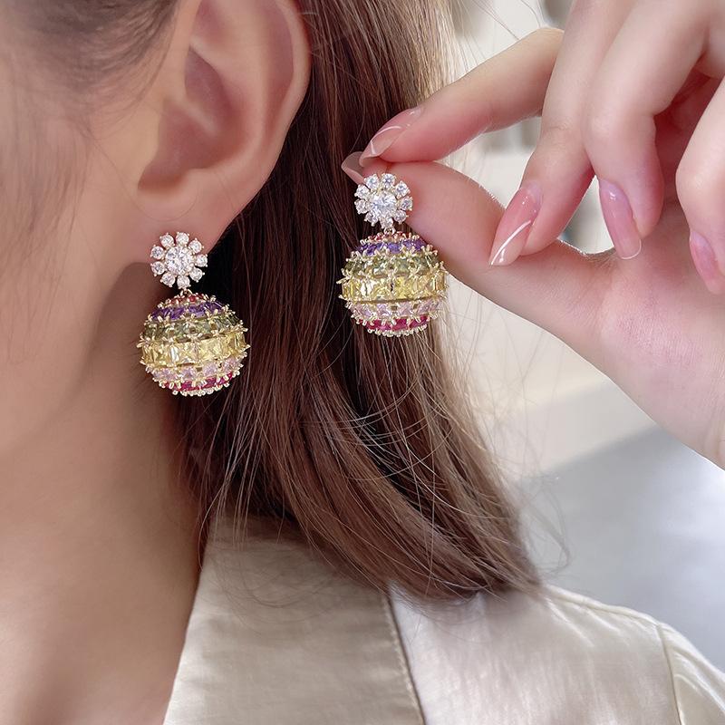 Creative And Colorful Cubic Zirconia Flowers Suitable For Women's Ball Earrings