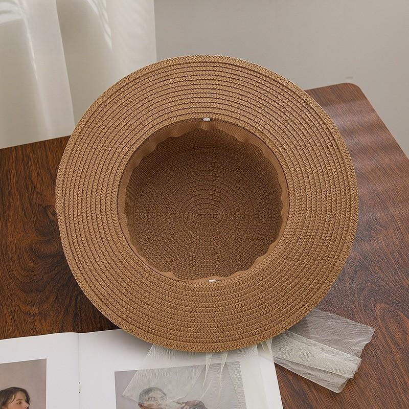 French Lace Pearl Bow Wide Brim Straw Hat For Summer Beach Sun Protection