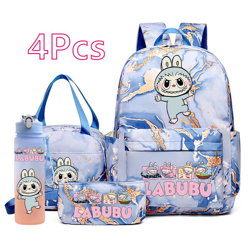 4Pcs/set Cute Anime Pirnted Backpack 750Ml Water Bottle Lunch Bag Pencil Bag Outdoor Student Girl Large Capacity Schoolbag Water Cup