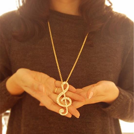 Fashion Women Fully Rhinestone Music Note Pendant Long Chain Sweater Necklace