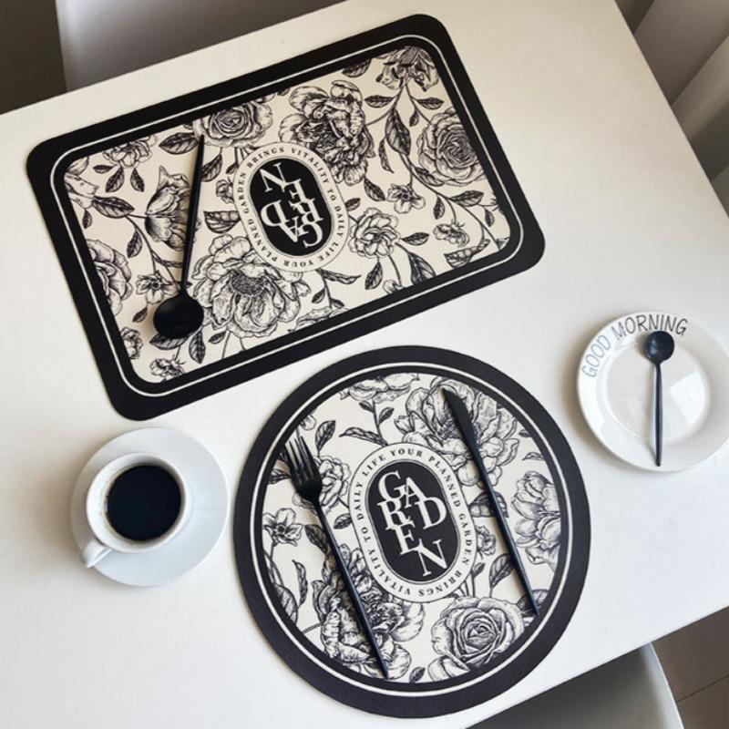 Floral PU Leather Placemat Waterproof Heat-Resistant Dining Table Mat Oil-Proof Decorative Table Pad for Home & Kitchen