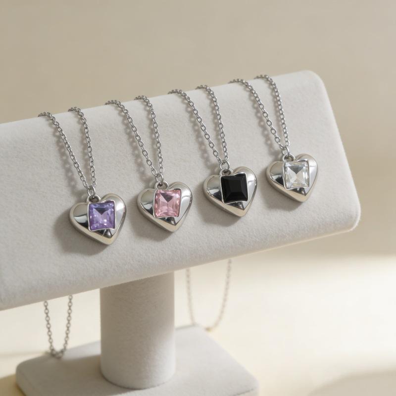 Crystal Heart Pendant Necklace - Multiple Colors, Silver Clavicle Chain, Fashion Jewelry
