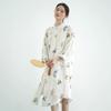 Johnature Women Vintage Print Floral Dresses Button Stand Long Sleeve White Spring Female Dress