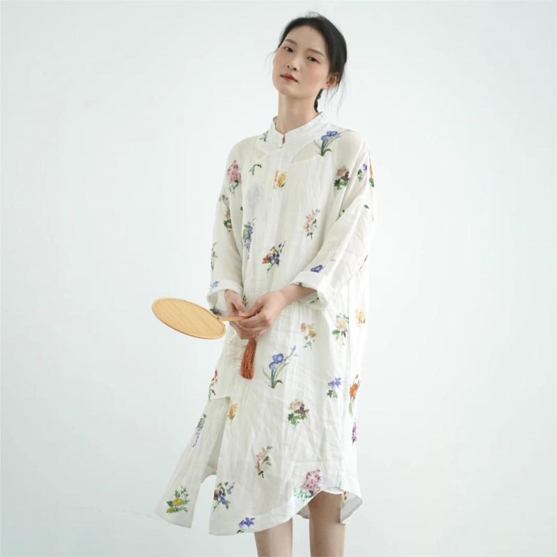 Johnature Women Vintage Print Floral Dresses Button Stand Long Sleeve White Spring Female Dress