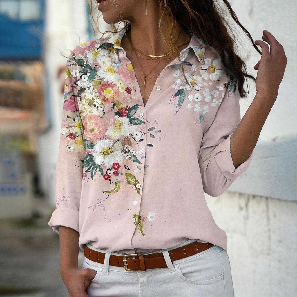 Manufacturer 1116 New Fashion Small Flower Printing Lapel Long Sleeve Shirt Women